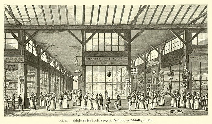 French_School_-_Galeries_de_bois_ancien_camp_des_Tartares_au_Palais-Royal_1825_-_(MeisterDrucke-526075)
